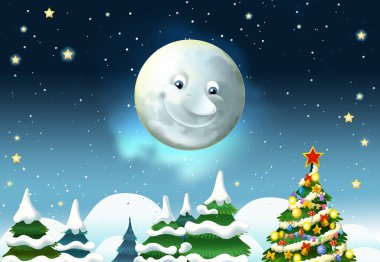 Mutlu gülümseyen ay ve yıldızlı çizgi film sahnesi - çocuklar için illüstrasyon