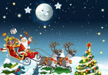 Noel Baba 'nın geyiklerle uçtuğu karikatür sahnesi - çocuklar için çizim