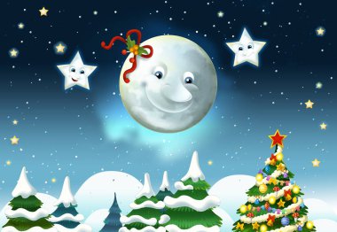 Mutlu gülümseyen ay ve yıldızlı çizgi film sahnesi - çocuklar için illüstrasyon