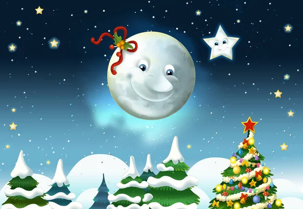 幸せな笑顔の月と星の漫画シーン イラスト 子供向けイラスト — ストック写真