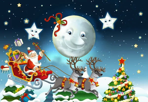 Tecknad Scen Med Santa Flyger Med Renar Rådjur Illustration För — Stockfoto