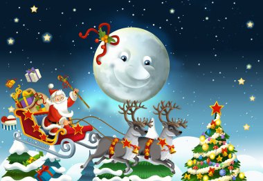 Noel Baba 'nın geyiklerle uçtuğu karikatür sahnesi - çocuklar için çizim