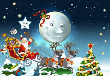 Noel Baba 'nın geyiklerle uçtuğu karikatür sahnesi - çocuklar için çizim