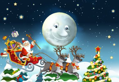 Noel Baba 'nın geyiklerle uçtuğu karikatür sahnesi - çocuklar için çizim