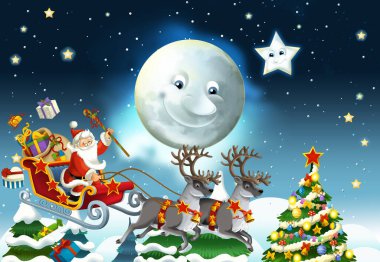 Noel Baba 'nın geyiklerle uçtuğu karikatür sahnesi - çocuklar için çizim