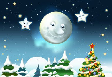 Mutlu gülümseyen ay ve yıldızlı çizgi film sahnesi - çocuklar için illüstrasyon