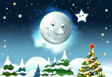 Mutlu gülümseyen ay ve yıldızlı çizgi film sahnesi - çocuklar için illüstrasyon