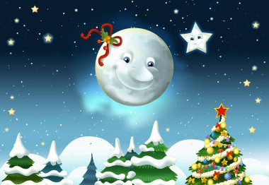 Mutlu gülümseyen ay ve yıldızlı çizgi film sahnesi - çocuklar için illüstrasyon