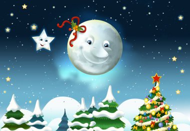 Mutlu gülümseyen ay ve yıldızlı çizgi film sahnesi - çocuklar için illüstrasyon