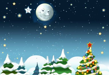 Mutlu gülümseyen ay ve yıldızlı çizgi film sahnesi - çocuklar için illüstrasyon