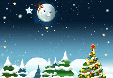 Mutlu gülümseyen ay ve yıldızlı çizgi film sahnesi - çocuklar için illüstrasyon