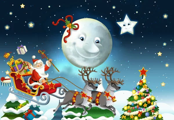 Noel Baba 'nın geyiklerle uçtuğu karikatür sahnesi - çocuklar için çizim