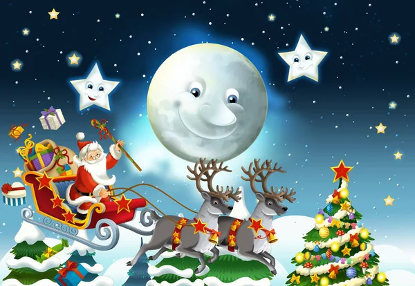 Noel Baba 'nın geyiklerle uçtuğu karikatür sahnesi - çocuklar için çizim