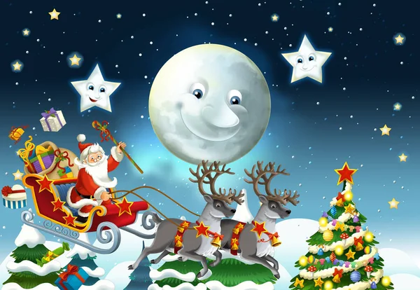 Noel Baba 'nın geyiklerle uçtuğu karikatür sahnesi - çocuklar için çizim