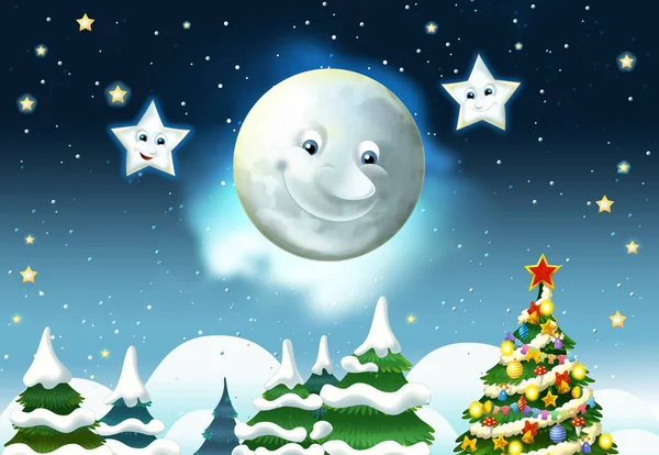 Mutlu gülümseyen ay ve yıldızlı çizgi film sahnesi - çocuklar için illüstrasyon