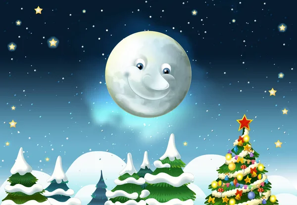 Mutlu gülümseyen ay ve yıldızlı çizgi film sahnesi - çocuklar için illüstrasyon