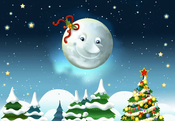 Mutlu gülümseyen ay ve yıldızlı çizgi film sahnesi - çocuklar için illüstrasyon