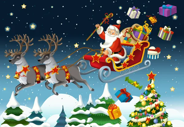 Zeichentrickszene Mit Weihnachtsmann Der Mit Rentieren Fliegt Illustration Für Kinder — Stockfoto