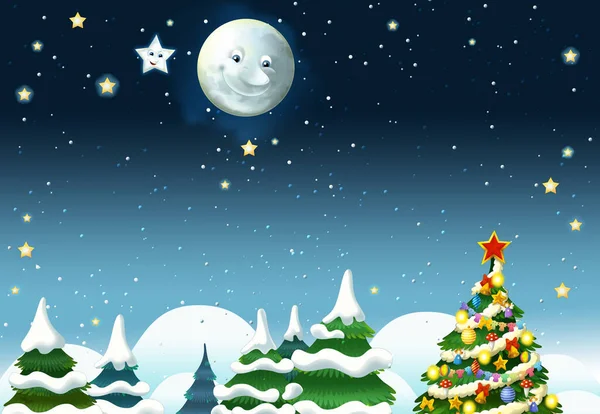 Mutlu gülümseyen ay ve yıldızlı çizgi film sahnesi - çocuklar için illüstrasyon