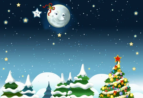 Mutlu gülümseyen ay ve yıldızlı çizgi film sahnesi - çocuklar için illüstrasyon