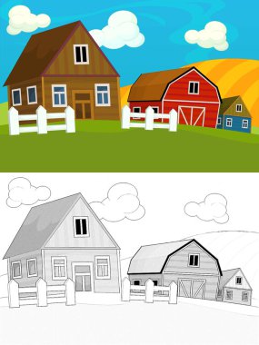 Çizgi film çiftliği eskiz sahnesi - geleneksel köy - farklı kullanım için - çocuklar için illüstrasyon