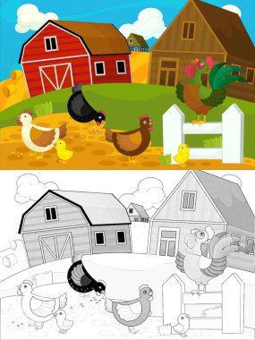Çizgi film çiftliği eskiz sahnesi - geleneksel köy - farklı kullanım için - çocuklar için illüstrasyon