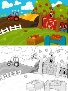 Çizgi film çiftliği eskiz sahnesi - geleneksel köy - farklı kullanım için - çocuklar için illüstrasyon