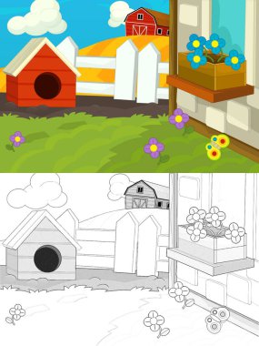 Çizgi film çiftliği eskiz sahnesi - geleneksel köy - farklı kullanım için - çocuklar için illüstrasyon