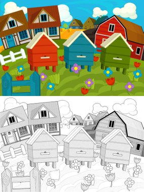 Çizgi film çiftliği eskiz sahnesi - geleneksel köy - farklı kullanım için - çocuklar için illüstrasyon