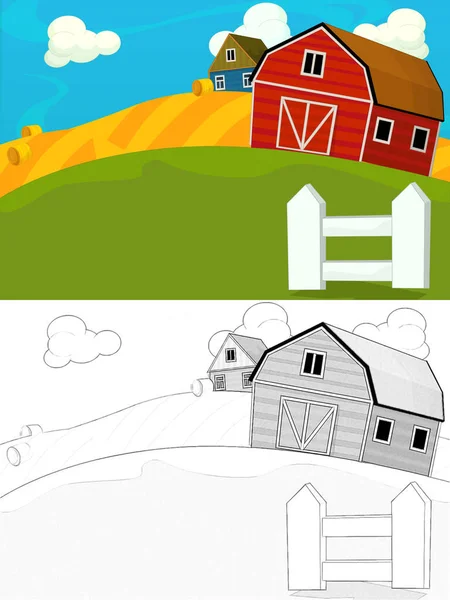 Çizgi film çiftliği eskiz sahnesi - geleneksel köy - farklı kullanım için - çocuklar için illüstrasyon