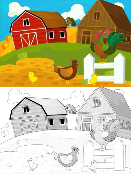 Çizgi film çiftliği eskiz sahnesi - geleneksel köy - farklı kullanım için - çocuklar için illüstrasyon