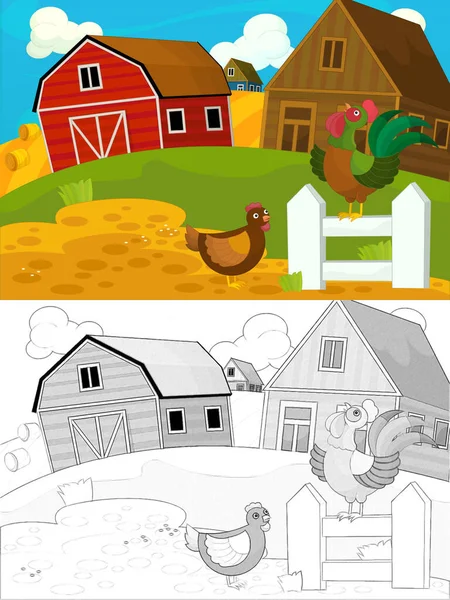 Cartoon Farm Skica Scéna Tradiční Vesnice Pro Různé Použití Ilustrace — Stock fotografie