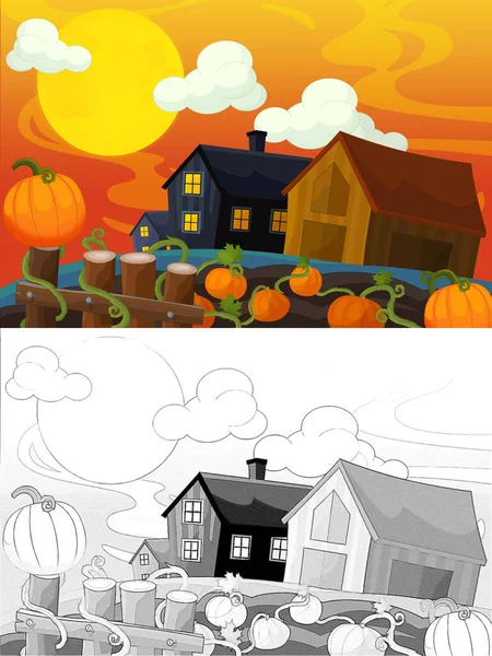 Cartoon Farm Skica Scéna Tradiční Vesnice Pro Různé Použití Ilustrace — Stock fotografie