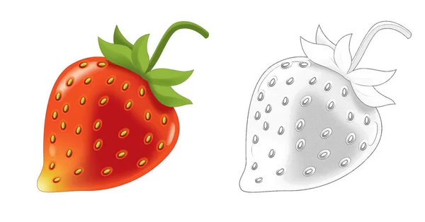 Cartoon Schets Scène Fruit Aardbei Zoek Naar Witte Achtergrond Illustratie — Stockfoto