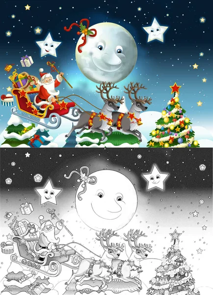 Desenho Animado Cena Com Santa Voando Com Renas Cervos Ilustração — Fotografia de Stock