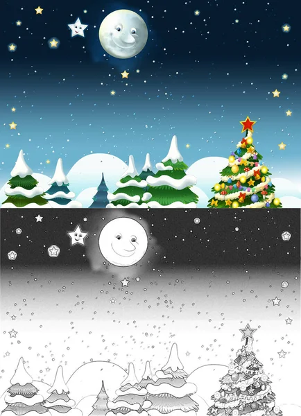 Cartoon Sketch Scene Happy Smiling Moon Stars Illustration Children — Stock Photo, Image