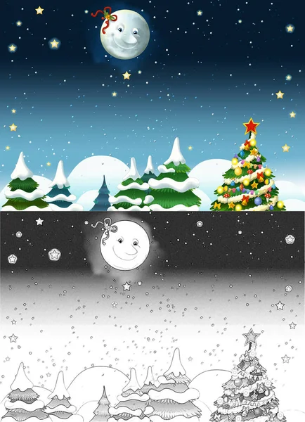 cartoon sketch scene with happy smiling moon and stars - illustration for children