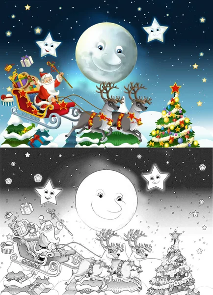 Cartoon Sketch Scene Santa Flying Reindeers Deers Illustration Children — Stock Photo, Image