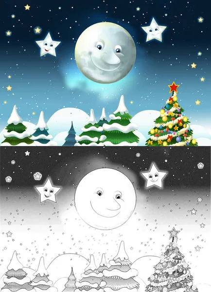 Dibujo Animado Escena Con Luna Sonriente Feliz Estrellas Ilustración Para —  Fotos de Stock