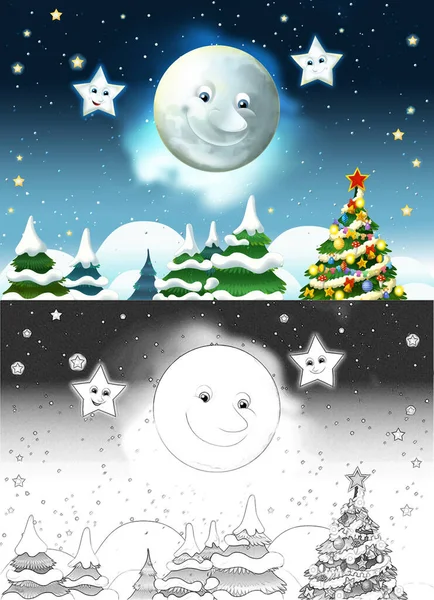Dibujo Animado Escena Con Luna Sonriente Feliz Estrellas Ilustración Para —  Fotos de Stock