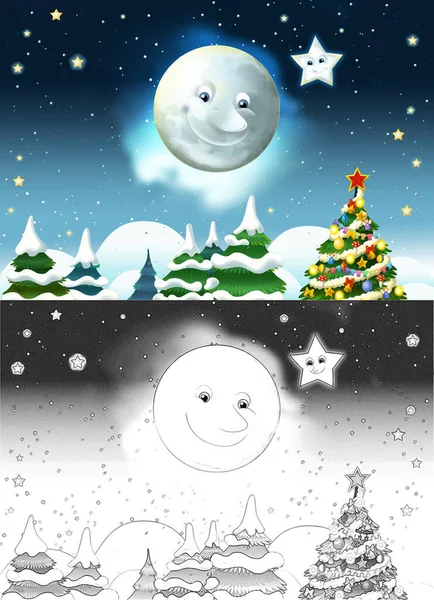 Dibujo Animado Escena Con Luna Sonriente Feliz Estrellas Ilustración Para —  Fotos de Stock