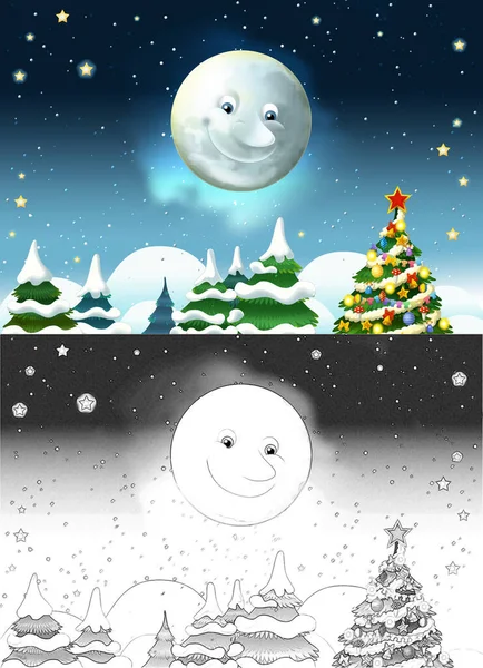 Dibujo Animado Escena Con Luna Sonriente Feliz Estrellas Ilustración Para —  Fotos de Stock