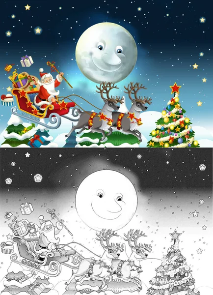 Cartoon Sketch Scene Santa Flying Reindeers Deers Illustration Children — Stock Photo, Image