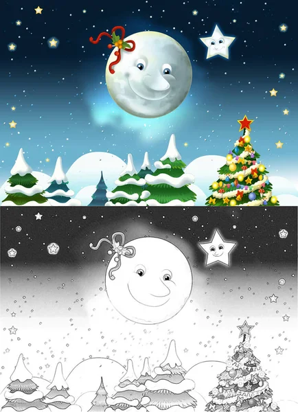 Dibujo Animado Escena Con Luna Sonriente Feliz Estrellas Ilustración Para —  Fotos de Stock