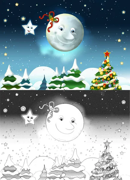 Dibujo Animado Escena Con Luna Sonriente Feliz Estrellas Ilustración Para —  Fotos de Stock