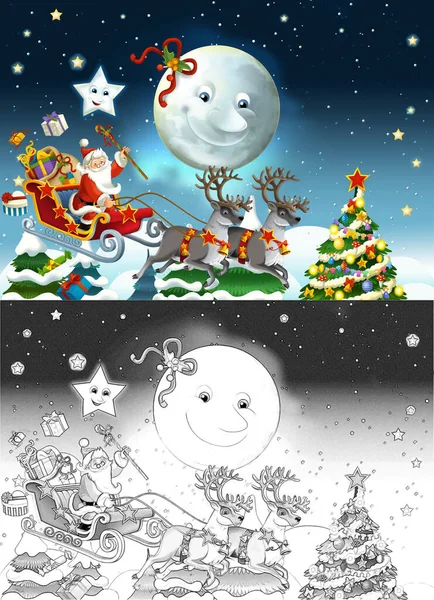Escena Dibujos Animados Con Santa Volando Con Renos Ciervos Ilustración —  Fotos de Stock