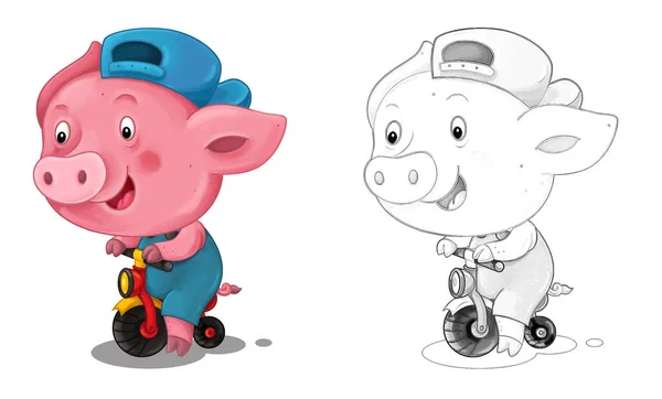 Σκηνή Κινουμένων Σχεδίων Σκίτσο Γουρούνι Διασκεδάζοντας Εικονογράφηση Για Παιδιά — Φωτογραφία Αρχείου