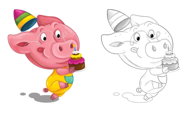 Cena Dos Desenhos Animados Com Esboço Com Porco Divertindo Ilustração — Fotografia de Stock