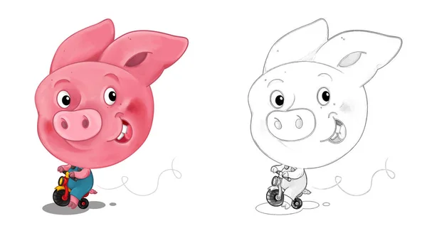 Escena Dibujos Animados Con Boceto Con Cerdo Divirtiéndose Ilustración Para —  Fotos de Stock