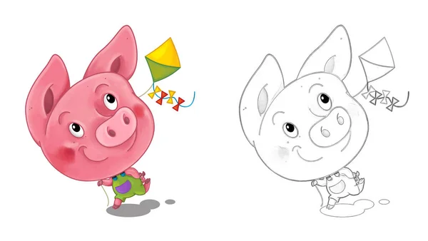 Scène Dessin Animé Avec Croquis Avec Cochon Amuser Illustration Pour — Photo